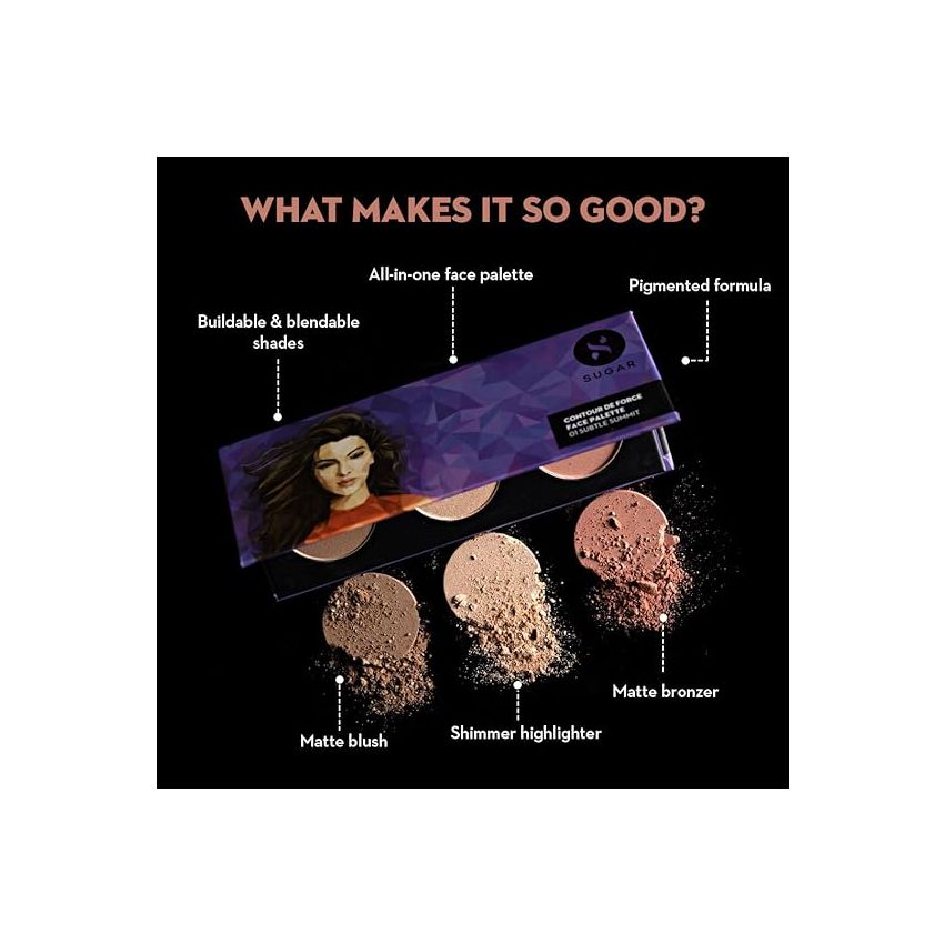 SUGAR Contour De Force Face Palette for Makeup | Includes Matte Bronzer, Highlighter & Blush | Makeup Palette with Built-in Mirror - 02 Vivid Victory