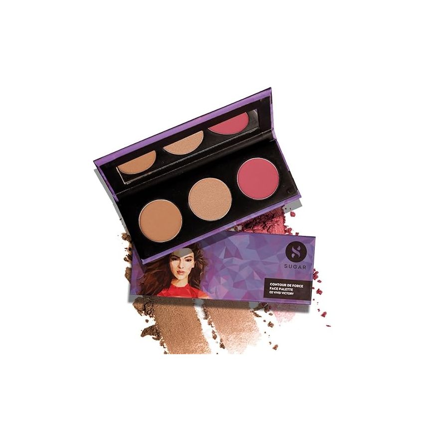 SUGAR Contour De Force Face Palette for Makeup | Includes Matte Bronzer, Highlighter & Blush | Makeup Palette with Built-in Mirror - 02 Vivid Victory