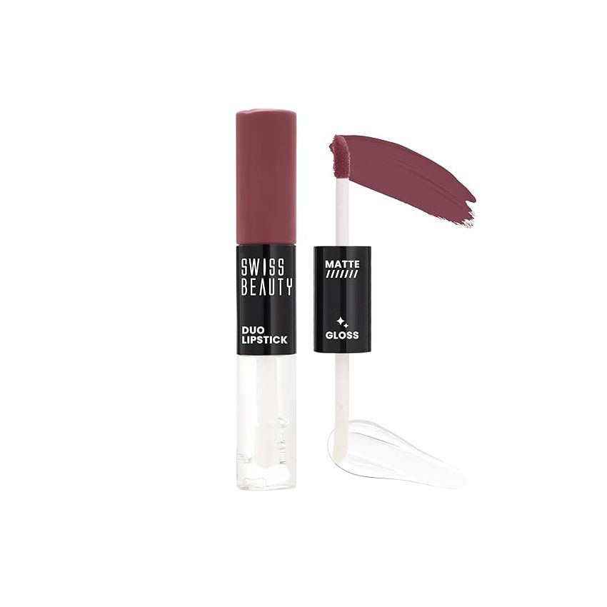 Swiss Beauty Duo Lipstick | Matte smudge-proof Liqud Lipstick + Transparent glossy Lipgloss | Transfer -proof and Long lasting | Shade-Vintage Pink, 10ml