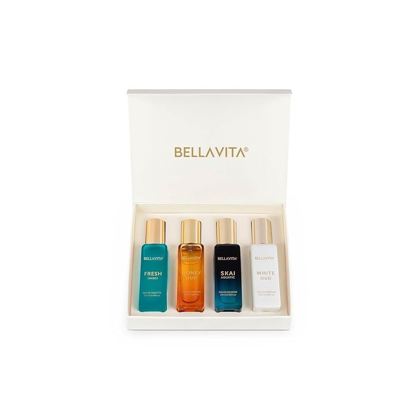 Bella Vita Luxury Unisex Eau De Parfum Gift Set 4 x 20ml for Men & Women with SKAI, FRESH, WHITEOUD, HONEY OUD Perfume|Long Lasting EDP Fragrance Scent
