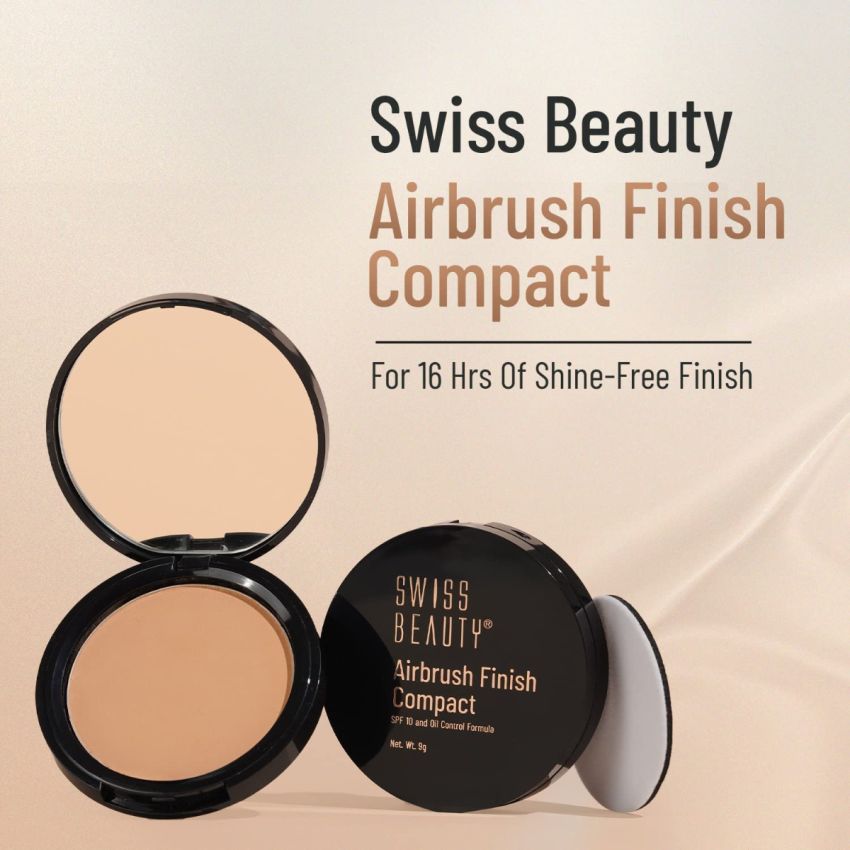 SWISS BEAUTY Airbrush Finish Compact With Spf 10 for All Skin Type| 16 Hours Of Oil-Control |Matte Finish | Shade- Walnut, 9G |, Black