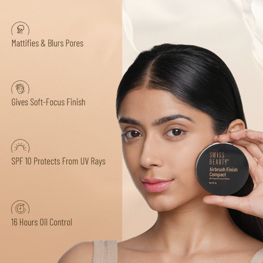 SWISS BEAUTY Airbrush Finish Compact With Spf 10 for All Skin Type| 16 Hours Of Oil-Control |Matte Finish | Shade- Walnut, 9G |, Black