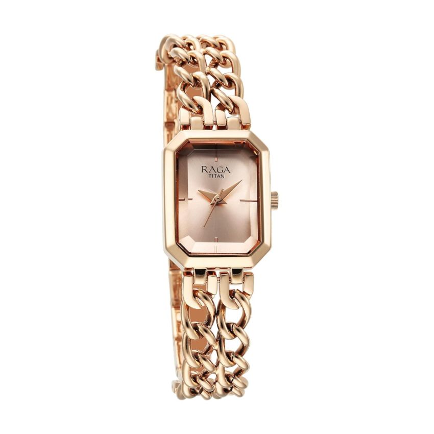 Titan Raga Showstopper Quartz Analog Rose Gold Dial Metal Strap Watch for Women-NS95283WM01