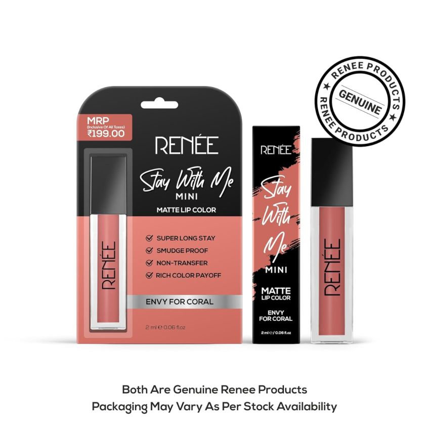 RENEE Stay With Me Mini Matte Lip Color, Long Lasting, Non Transfer, Water & Smudge Proof, Light Weight Liquid Lipstick, Envy for Coral 2ml