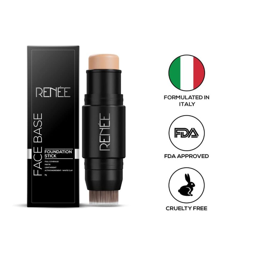 RENEE Face Base Foundation Stick with Applicator - Creamy Latte, 8gm | Enriched with White Clay, Weightless, Long-lasting, Velvet Matte Finish formula Provides Full Coverage
