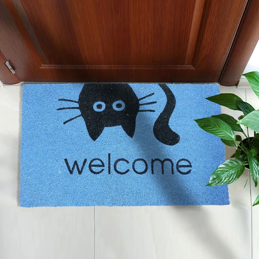 Onlymat Natural Coir Welcome Printed with Cat Face Anti-Slip Rectangular Entryway Doormat with PVC Backing for Outdoor Entrance Home Floor Door (75cm x 45cm, Blue)