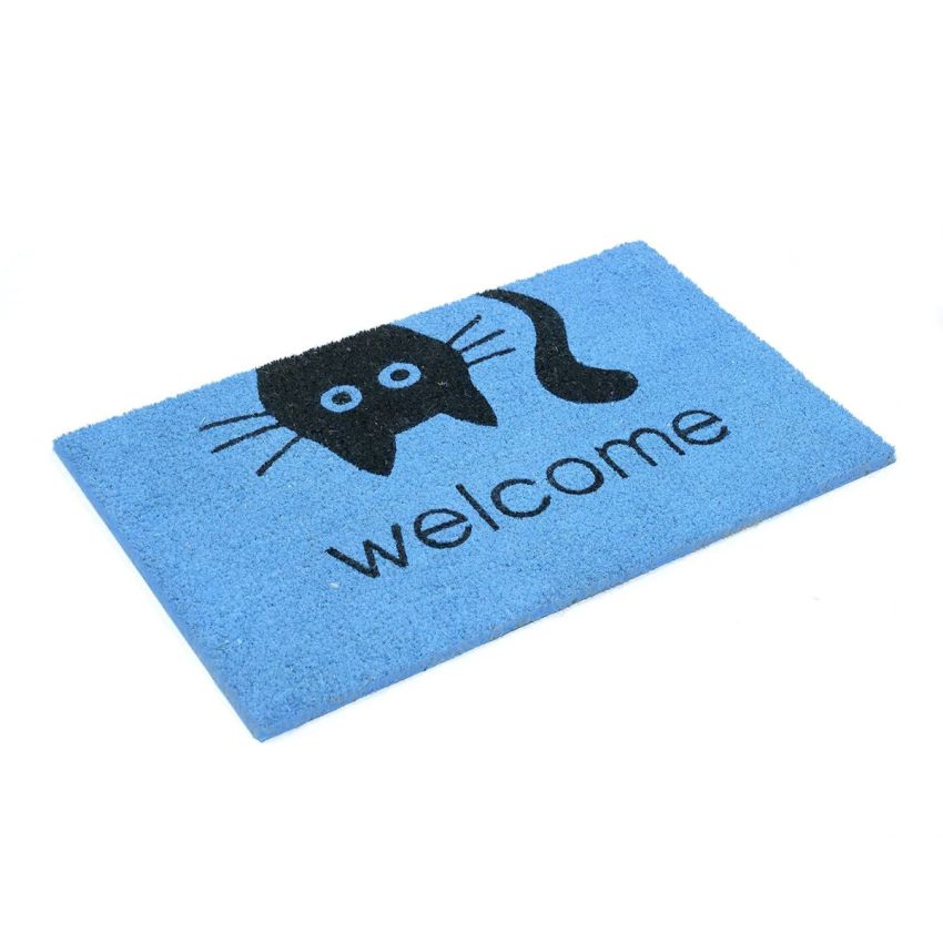 Onlymat Natural Coir Welcome Printed with Cat Face Anti-Slip Rectangular Entryway Doormat with PVC Backing for Outdoor Entrance Home Floor Door (75cm x 45cm, Blue)