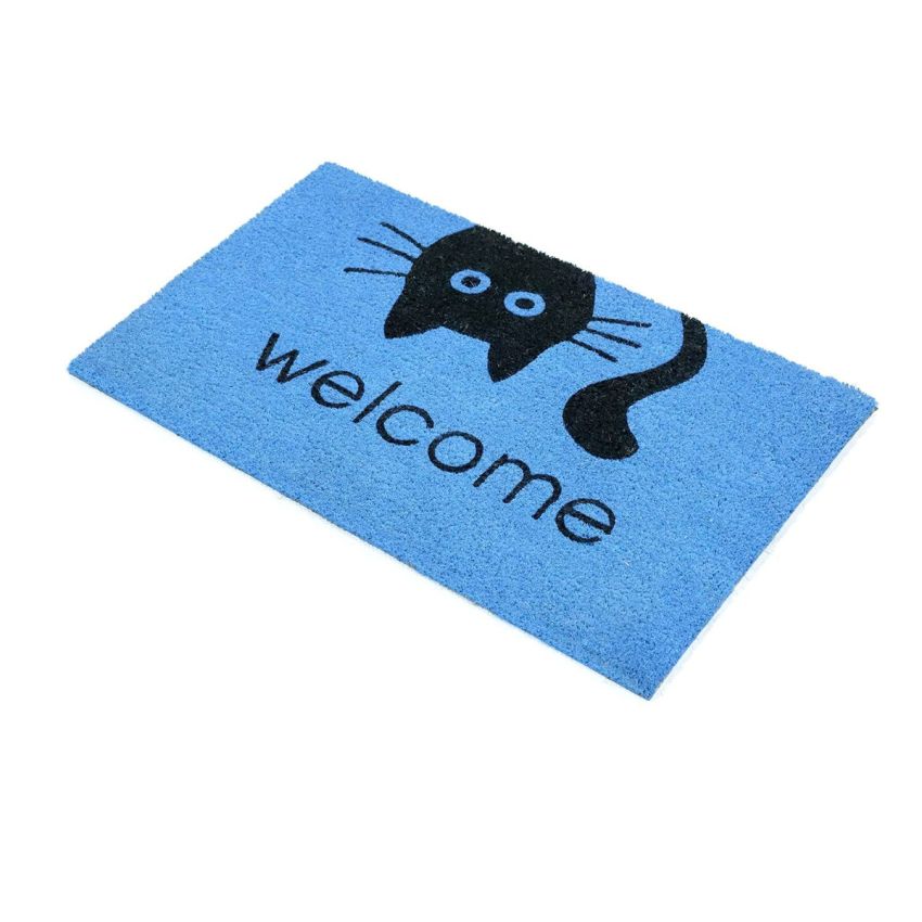 Onlymat Natural Coir Welcome Printed with Cat Face Anti-Slip Rectangular Entryway Doormat with PVC Backing for Outdoor Entrance Home Floor Door (75cm x 45cm, Blue)