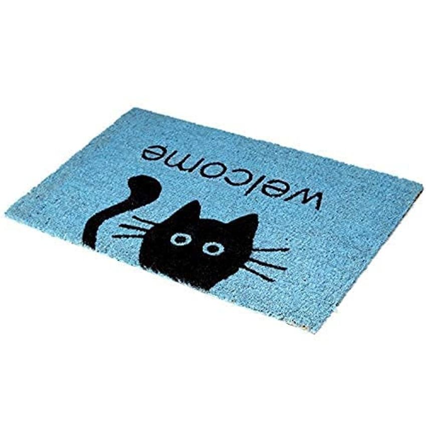 Onlymat Natural Coir Welcome Printed with Cat Face Anti-Slip Rectangular Entryway Doormat with PVC Backing for Outdoor Entrance Home Floor Door (75cm x 45cm, Blue)