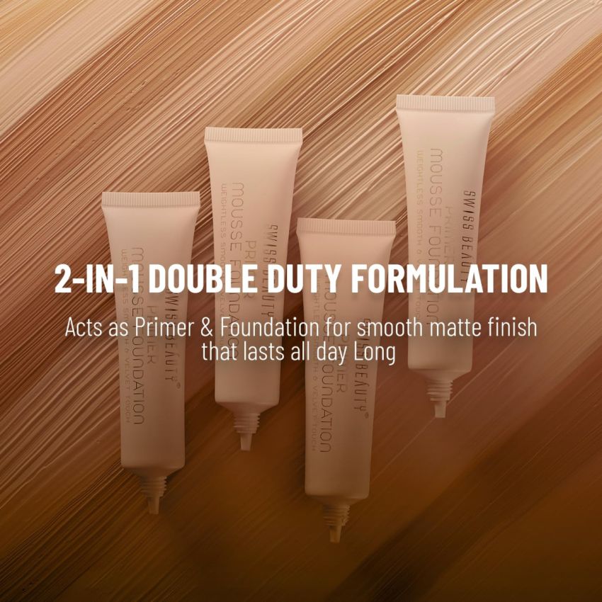 Swiss Beauty Primer Mousse Foundation Weightless Smooth & Velvet Touch, Face Makeup, Medium Beige, 30ml