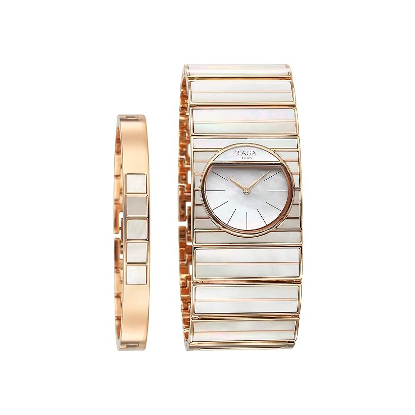Titan Raga Power Pearls Quartz Analog Mother of Pearl Dial and Strap Watch for Women-NS95234WM01F/NT95234WM01F