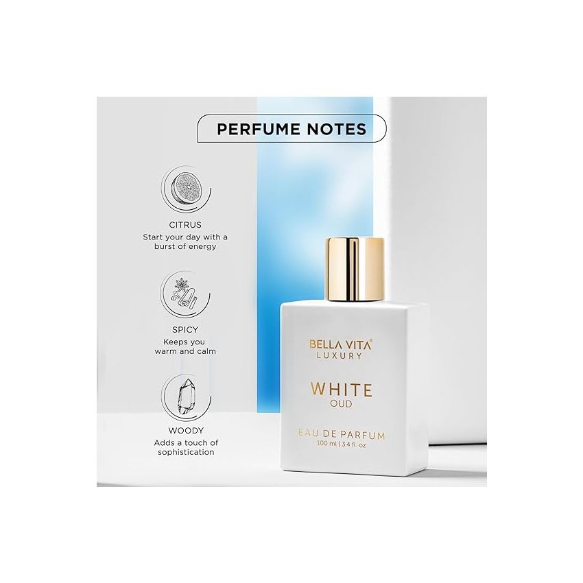 Bella Vita Luxury White Oud Unisex Eau De Parfum Liquid Perfume With Orange, Patchouli, Musk, Premium, Long Lasting Oud & Fruity Fragrance, 100ml
