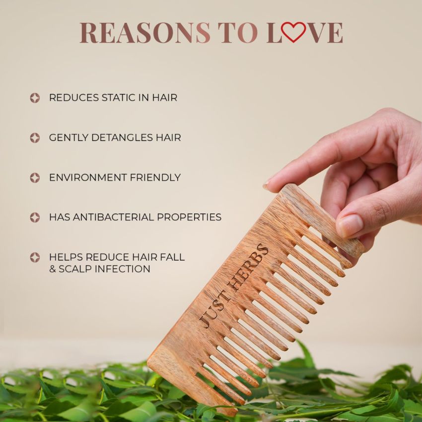 Just Herbs Handmade Wooden Neem Comb for Hair Growth and Hairfall Control for Men & Women