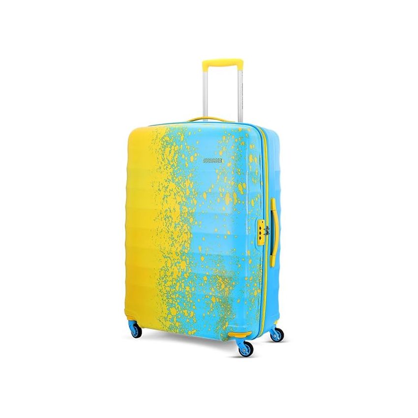 American Tourister Geller Spinner 55 Cms Small Cabin Polycarbonate Hardshell Sided Printed Colourful Luggage/4 Wheel Inline Trolley Bag with TSA Lock for Men and Women (Yellow and Blue)