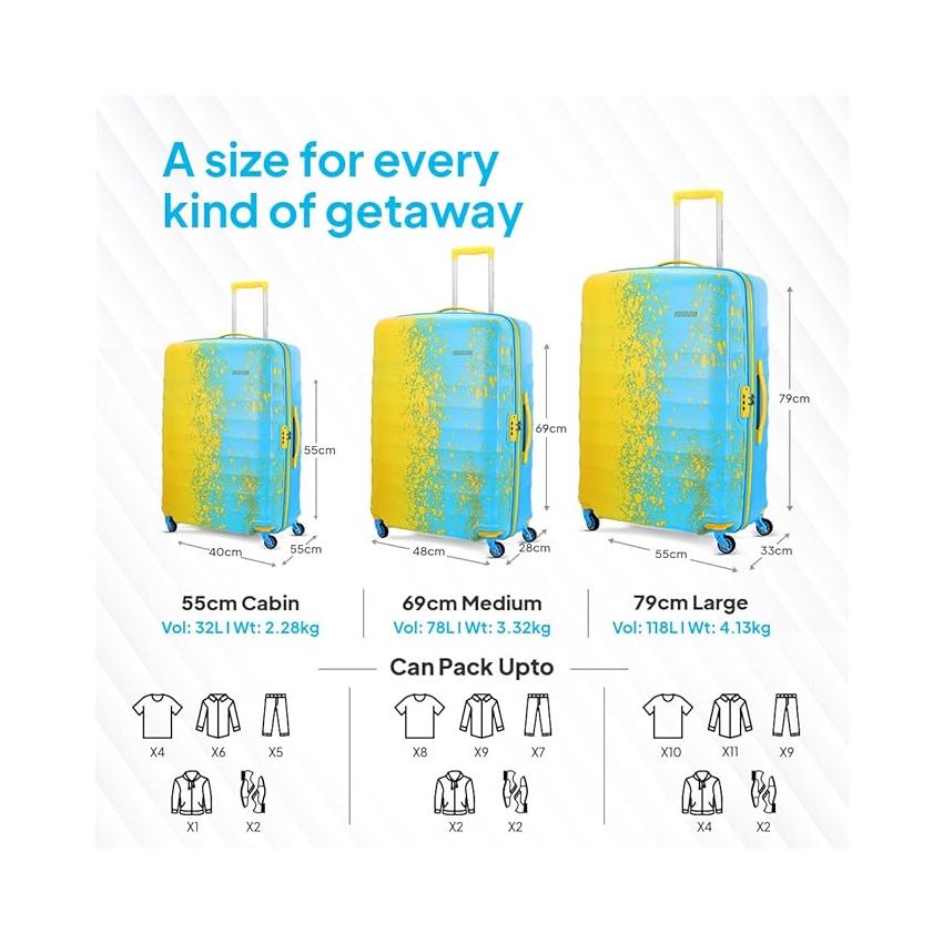 American Tourister Geller Spinner 55 Cms Small Cabin Polycarbonate Hardshell Sided Printed Colourful Luggage/4 Wheel Inline Trolley Bag with TSA Lock for Men and Women (Yellow and Blue)