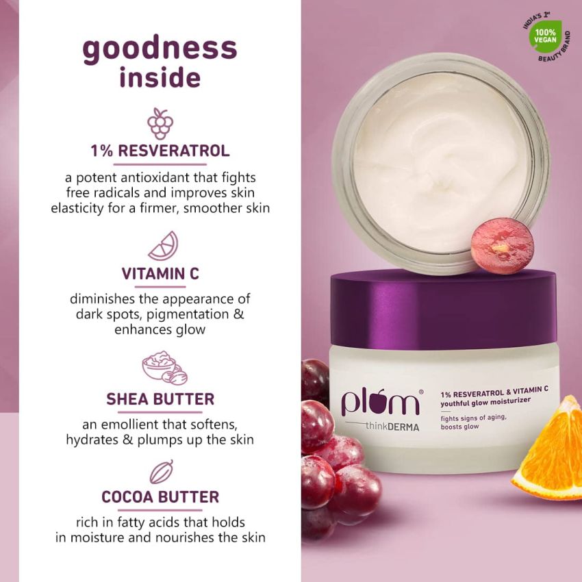 Plum 1% Resveratrol & Vitamin C Youthful Glow Moisturizer Cream | Fights Signs Of Ageing | Enhances Collagen Production | Boosts Glow | Lightweight & Quick-Absorbing | 100% Vegan | 50G