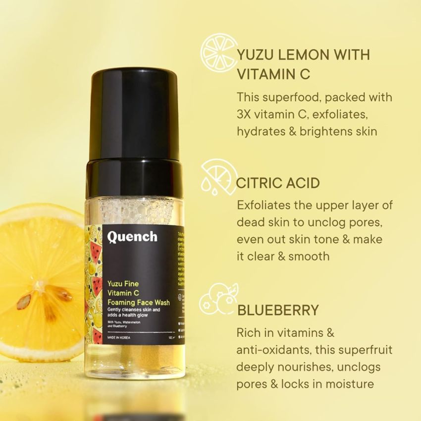 Quench Yuzu Vitamin C Foaming Face Wash for Brighter & Glowing Skin (3X More Vitamin) | Removes Makeup, Dirt & Impurities | Gently Exfoliates | Prevents Acne & Blackheads | Made in Korea (100ml)