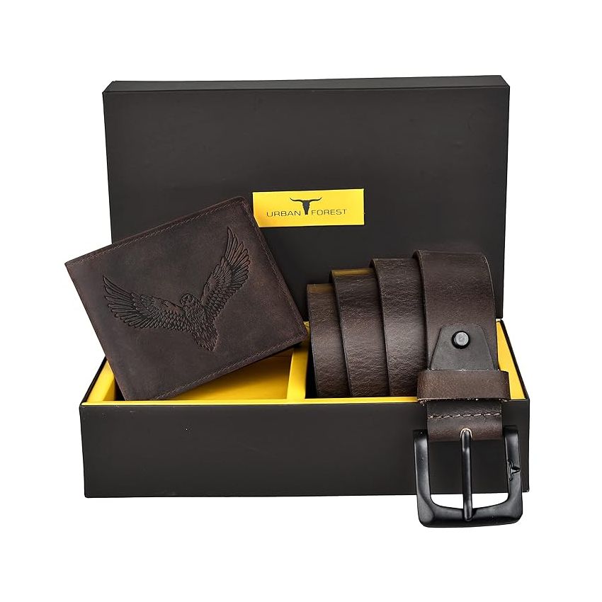URBAN FOREST Zeke Vintage Brown Leather Wallet & Casual Brown Leather Belt Combo Gift Set for Men - Packed in premium Wooden Box for Gifting