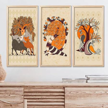 kotart - Traditional Indian Art Pichwai Wall Hanging Paintings | Painting for wall Decoration | Madhubani Art Painting with Frame for Living Room set of 3 (10X19 INCH, G)