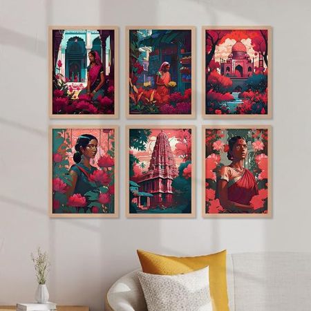 kotart Premium Digital Traditional Art Paintings with Frame for Home Decoration - Painting for Living Room Bedroom Office Room Decor - Painting for Wall Decoration - Pack of 6 (Combo12)