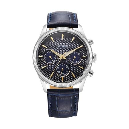 Titan Regalia Opulent Quartz Analog with Day and Date Blue Dial Blue Leather Strap Watch for Men-1805SL13