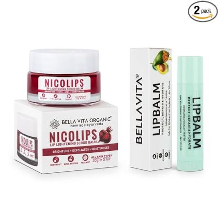 Bella Vita Organic NicoLips Lip Scrub & NicoBalm Lip Balm Combo For Dry, Chapped & Dark Lips Remover Treatment, 20 g, 4 g