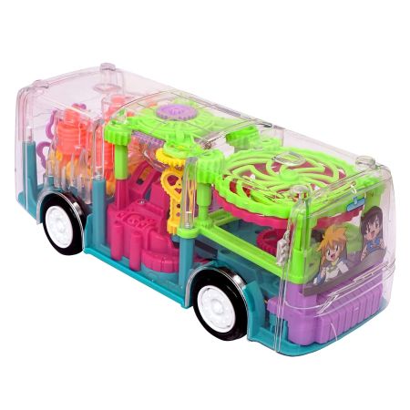 Cable World Transparent 3D Bus Toy 360 Degree Rotation, Gear Simulation Mechanical Bus Sound and Light Toy for 2-5 Years Boys and Girls