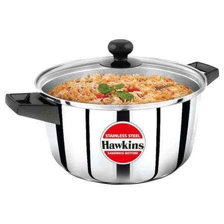 Hawkins 4 Litre Cook n Serve Casserole, Stainless Steel Saucepan with Glass Lid, Induction Pan, Sauce Pan for Cooking and Serving, Black (SSCB40G)