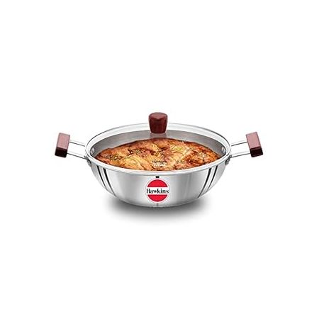 Hawkins 5 Litre Deep Kadhai, Triply Stainless Steel Kadai with Glass Lid, Flat Bottom Induction Deep Kadhai, Big Kadai, Silver (SSK50G)