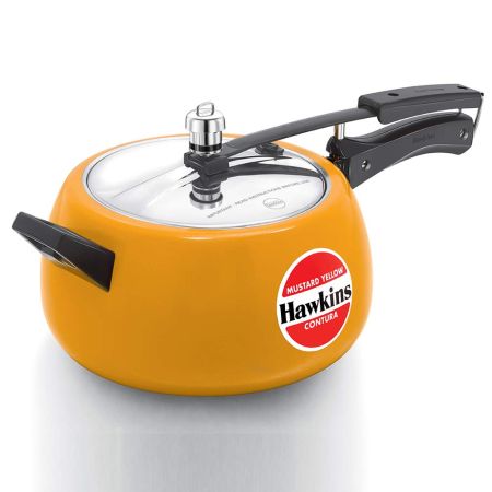 Hawkins Ceramic- Coated Contura 3L Mustard Yellow Aluminium Inner Lid Pressure Cooker - 5 Litre