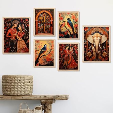 kotart Madhubani Art Paintings with Frame for Home Decoration - Painting for Wall Decoration - Traditional Framed Painting for Living Room Bedroom Office Decorn - Pack of 6 (F)