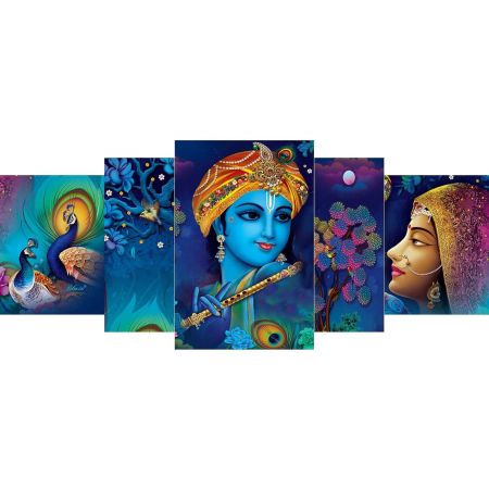 SAF Set of 5 Radha Krishna with couple peacock UV Textured Home Decorative Gift Item MDF Panel Painting 18 Inch X 42 Inch