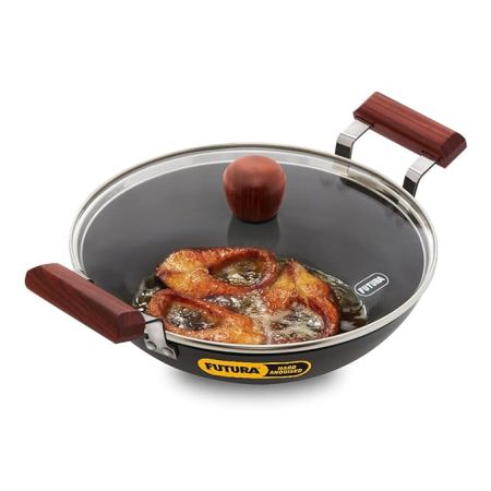 Hawkins Futura 2.5 Litre Fish Fry Kadhai, Hard Anodised Deep Fry Pan with Glass Lid, Round Bottom Kadai, Black (AFFK25G)
