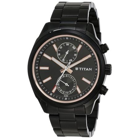 Titan Men's Metropolitan Luxe: Multifunction Mono black Dial with Two-Tone Stainless Steel Bracelet Watch-NS1733NM01/NT1733NM01