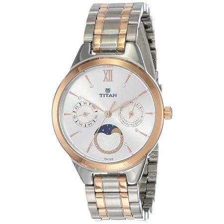 Titan Women's Elegance Moon phase Two-Tone White Dial Watch-NS2590KM01/NT2590KM01