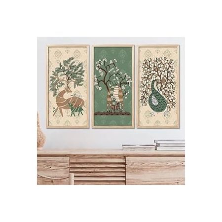 kotart Indian Art Wall Painting Madhubani Home Decoration Frame With For Living Room Bed Room Hotel Wall Decor Digital Reprint Engineered Wood Set of 3 (Art 1, (10X19 inch), Framed)