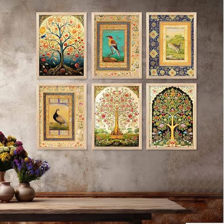 kotart wood Traditional Indian Madhubani/Pichwai Art Framed Posters for Home Living Room Bedroom Wall Decor Set of 6 (10x13 inch, Art 5)