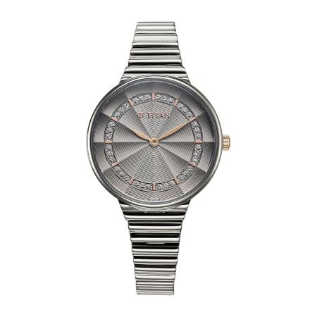 Titan Aura Quartz Analog Grey Dial Stainless Steel Strap Watch for Women-95245KM02