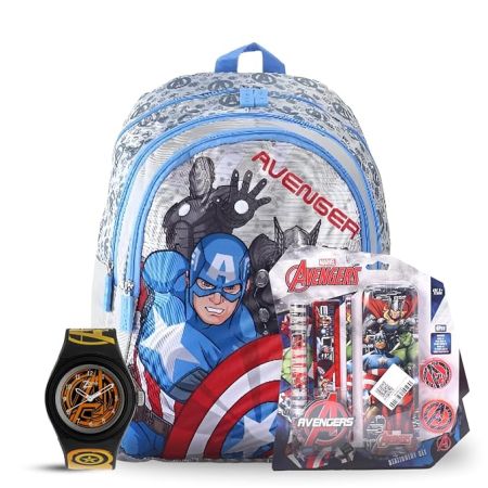 Zoop Avengers Gift Set - Analog Watch + School Bag + Stationary Kit for Kids