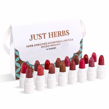Just Herbs Ayurvedic Creamy Matte Micro Mini Lipstick Kit Lip Hydrating & Moisturizing, Lipsticks for Women Suitable All Indian Tones (Pack of 16)