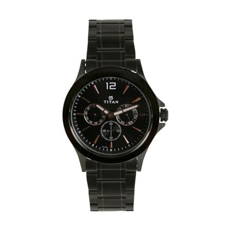 Titan Quartz Multifunction Black Dial Stainless Steel Strap Watch for Men-NS1698NM01/NT1698NM01