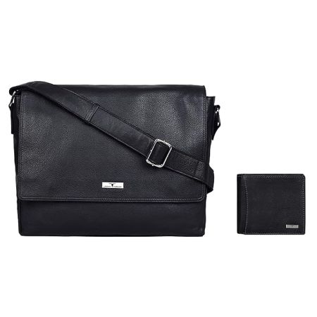 URBAN FOREST Black Leather Messenger Bag & Black Leather Wallet for Men