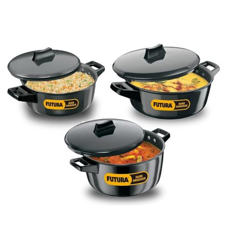 Hawkins Futura Hard Anodised Aluminum Cook-N-Serve Bowl with Hard Anodised Lid,-3 Pcs Set, Black (2,3 and 5 Litre)