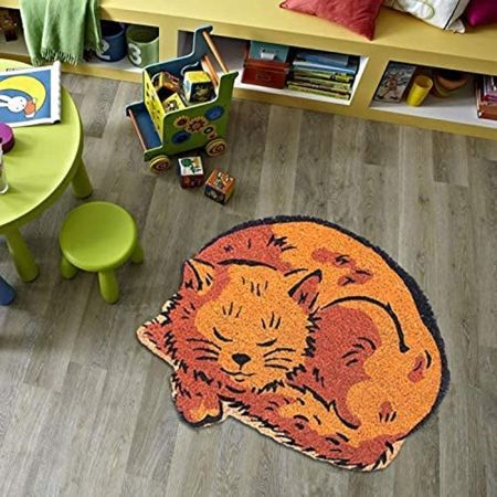 Onlymat Coir Cat Shaped Mat for Outdoor Entrance, Non-Slip Door Rectangular Rug with Heavy Duty PVC Backing, Perfect for Indoor-Outdoor Use, Multicolor, 23.63"x23.63"
