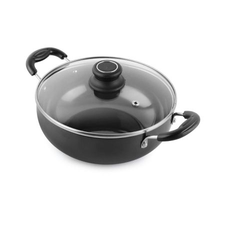 CELLO Classy Hard Anodised Non-Stick Kadhai 3.5 Liter with Glass Lid with Induction Base, Black