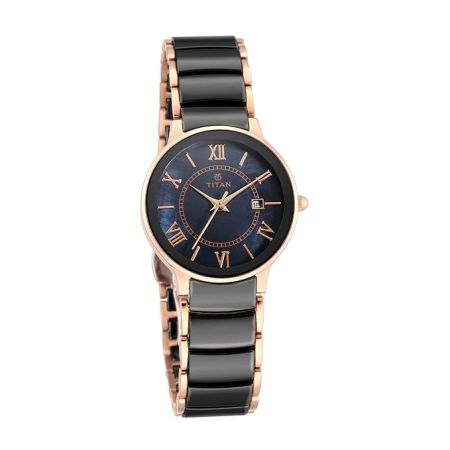 Titan Quartz Analog with Date Black Dial Stainless Steel & Ceramic Strap Watch for Women-NS95016WD01/NT95016WD01