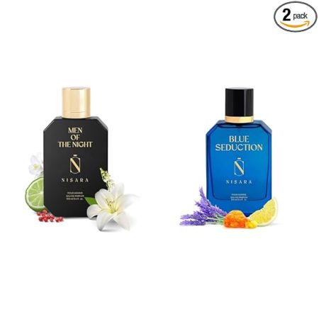 Nisara Blue Seduction & Men Of The Night Perfume Combo For Men ( Pack of 2*100 ml ) | Aqua-Fresh Aromatic Fougre Woody Chypre Musky Fragrance | with Jasmine, Amber, Musk, Lavender & Patchouli Notes | Long Lasting Eau De Parfum Scent Spray*-