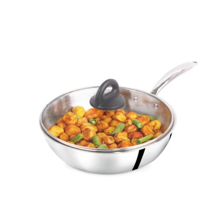 The Indus Valley Triply Stainless Steel Fry Pan with Glass Lid | Small, 22cm/8.7 inch, 1.5Ltr, 0.9kg | Induction Friendly | Nonstick 3-Layer Body, 100% Pure & Toxin-Free, No Chemical Coating
