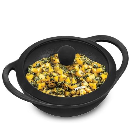 Hawkins Futura 1.5 Litre Cast Iron Kadhai, Naturally Nonstick Cast Iron Kadai with Glass Lid, Cast Iron Cookware for Kitchen, Black (CIK15G)