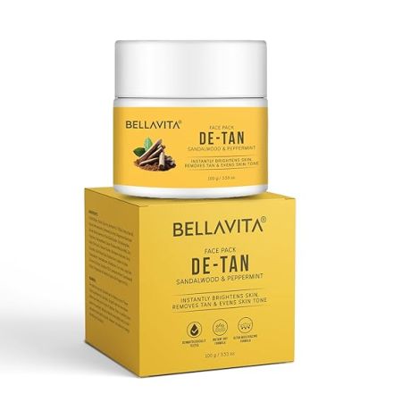 BELLAVITA De-Tan Face Pack | Enriched with Multani Mitti, Kaolin Clay, Yellow Clay & Sandalwood | Removes Tan, Brightens & Evens Skin Tone | For All Skin Types | Dermatologically Tested | 100 g